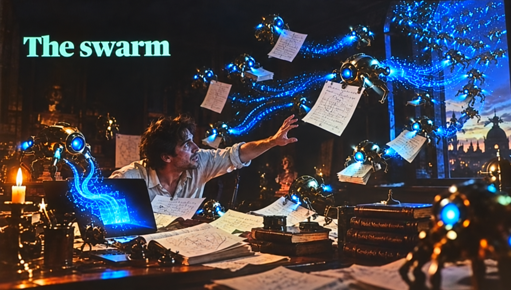 Balanced restoration of Tristan Buckmaster's slide titled The swarm, showing robotic agents reaching for a researcher's papers.