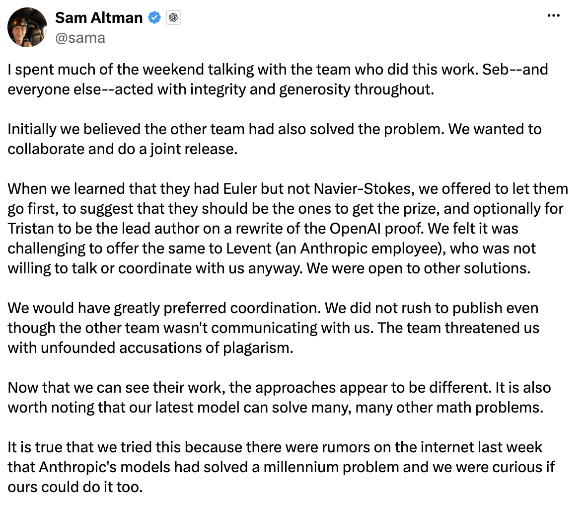 Sam Altman's tweet defending OpenAI's conduct during the Navier-Stokes work and explaining that rumors about Anthropic solving a millennium problem prompted the attempt.