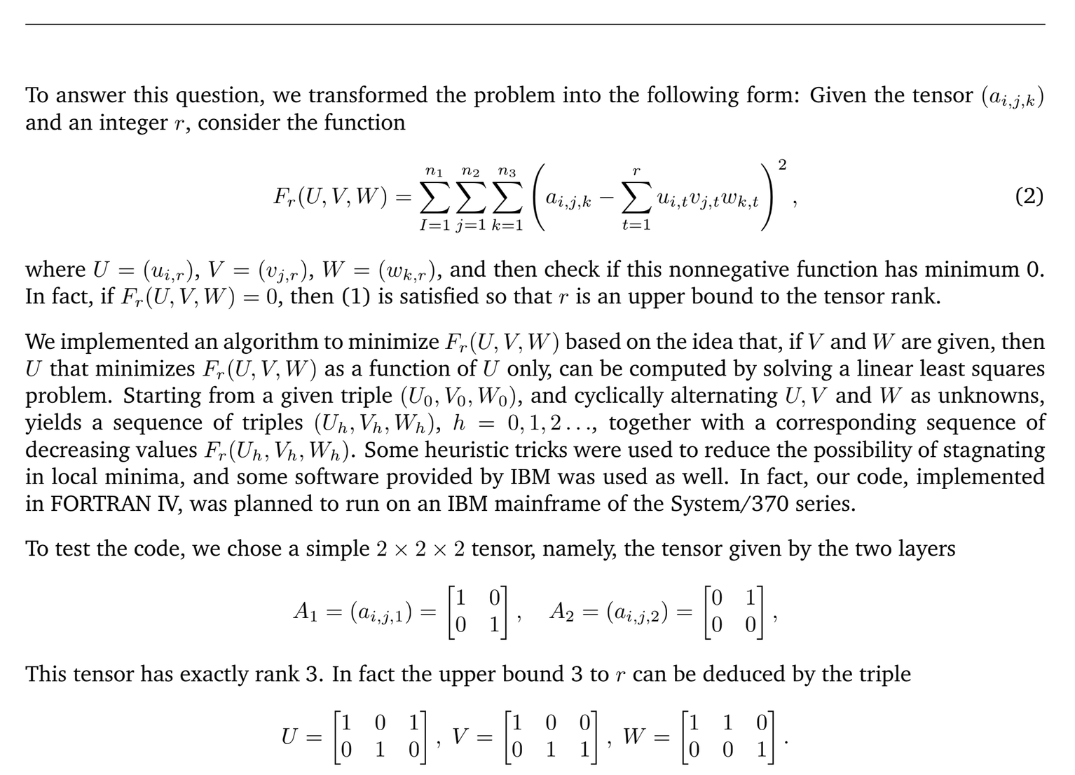 Page from Dario Bini's write-up: the least-squares objective F_r(U,V,W) minimized by cyclically alternating U, V and W, followed by the 2x2x2 test tensor given by layers A_1=[[1,0],[0,1]] and A_2=[[0,1],[0,0]], which has rank exactly 3, and the triple U, V, W realizing that upper bound.