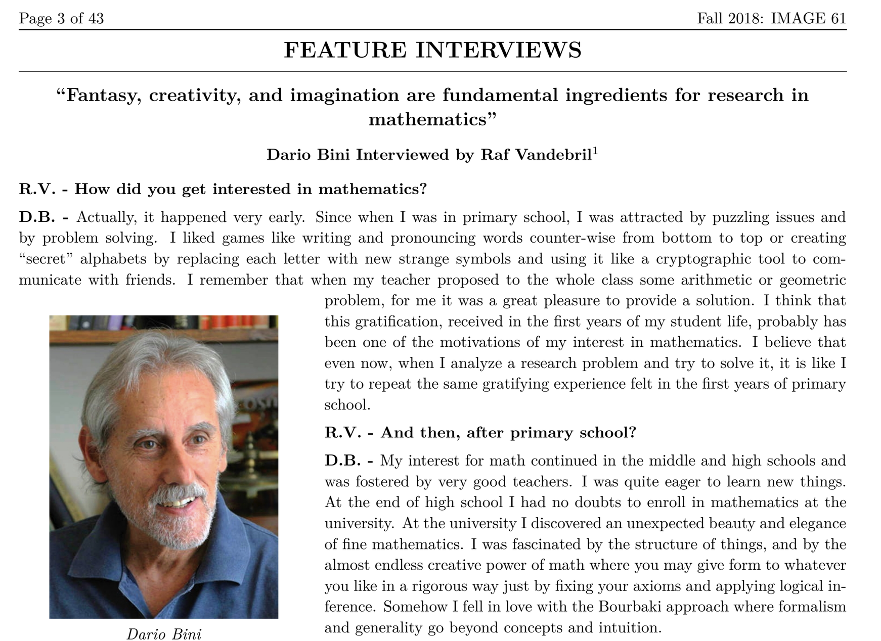 Opening page of Raf Vandebril's interview with Dario Bini in ILAS IMAGE issue 61, Fall 2018, headlined 'Fantasy, creativity, and imagination are fundamental ingredients for research in mathematics'.